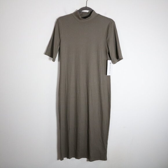 Athleta Signature Rib Mock Neck Dress Women Large Gray Stretch Modal Fitted Midi - Picture 2 of 8